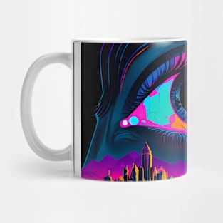 All Seeing Eye - Psychedelic Eye over a Colorful Cityscape Mug